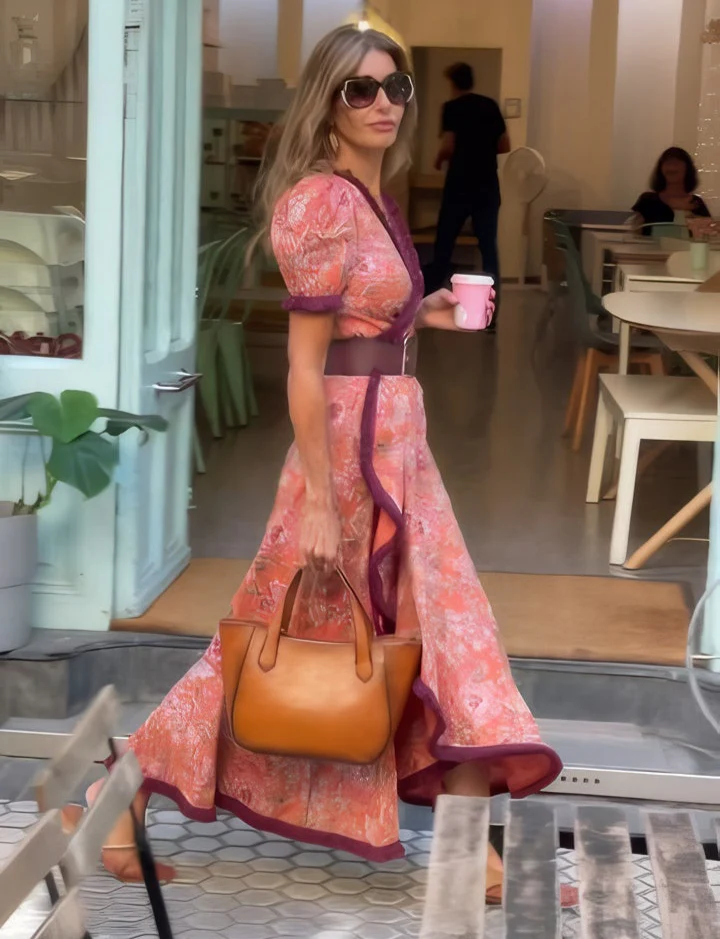 Elegant Rosa Maxi Klänning med Korta Ärmar