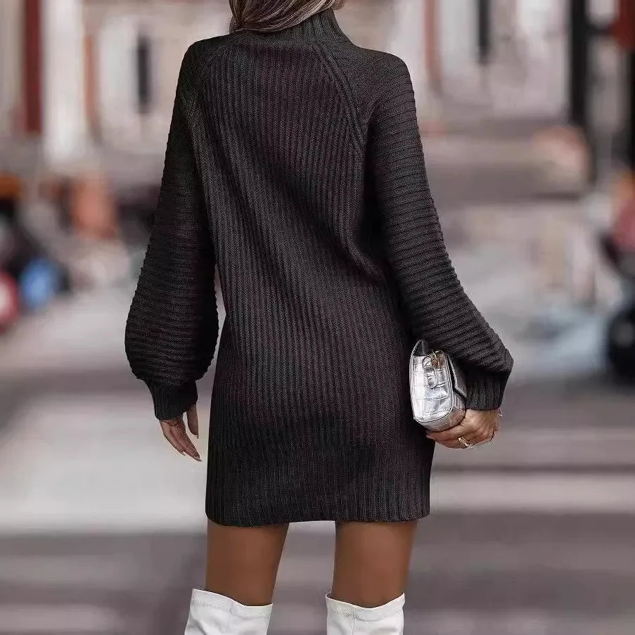 Elegant långärmad stickad klänning med hög hals för kvinnor – Ny höst/vinterstil i gränsöverskridande mode