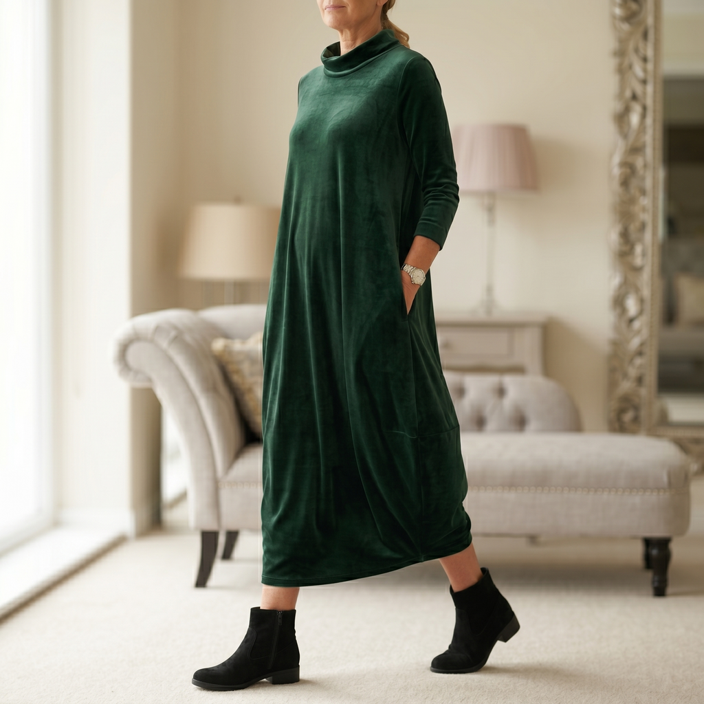 Velvet Midi Cocoon Dress for Women with Convenient Pockets