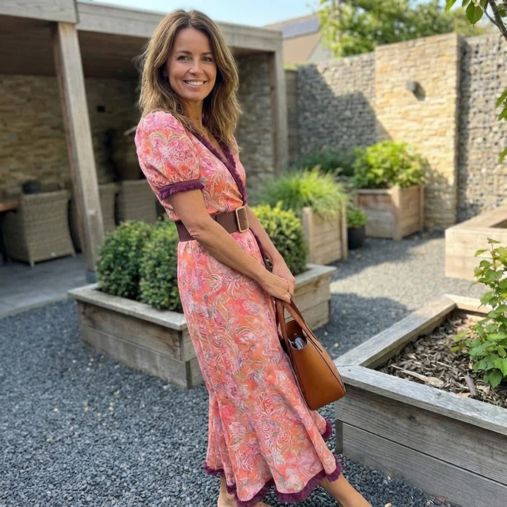 Elegant Rosa Maxi Klänning med Korta Ärmar