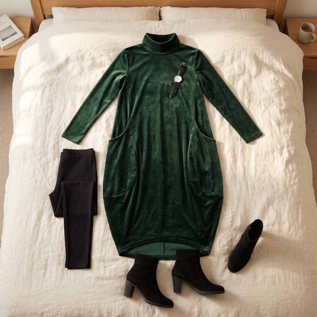 Velvet Midi Cocoon Dress for Women with Convenient Pockets