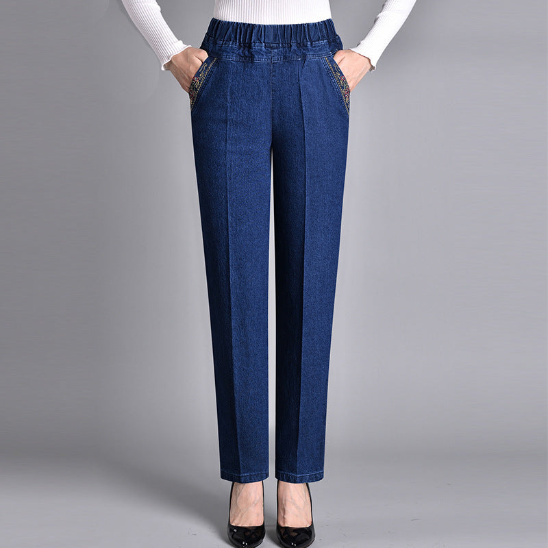 Damjeans med sidofickor och elastisk midja