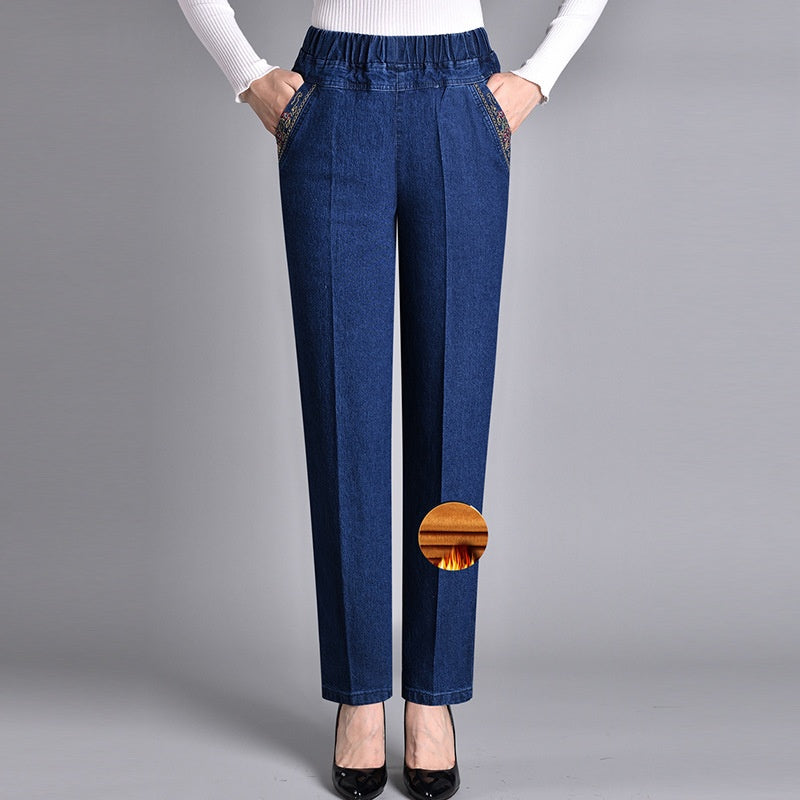 Damjeans med sidofickor och elastisk midja