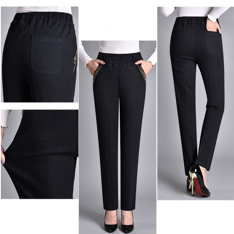 Damjeans med sidofickor och elastisk midja
